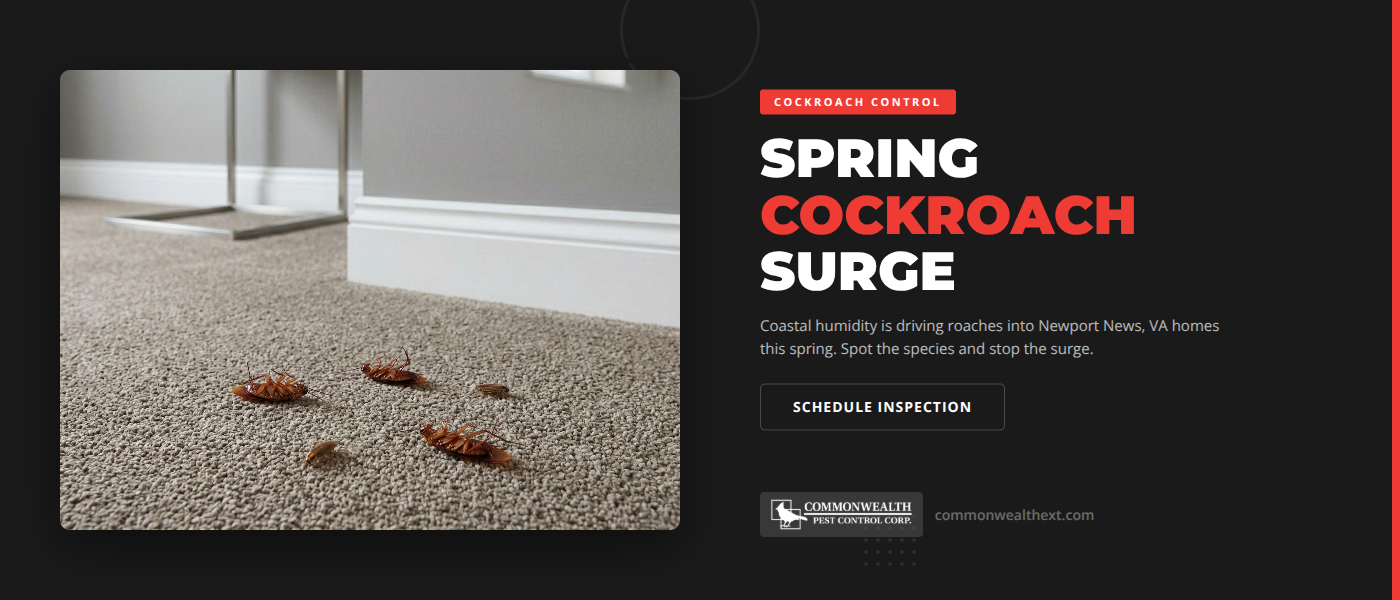 Cockroach control in Newport News VA - spring cockroach surge in a humid coastal kitchen along the Virginia Peninsula - Commonwealth Exterminators