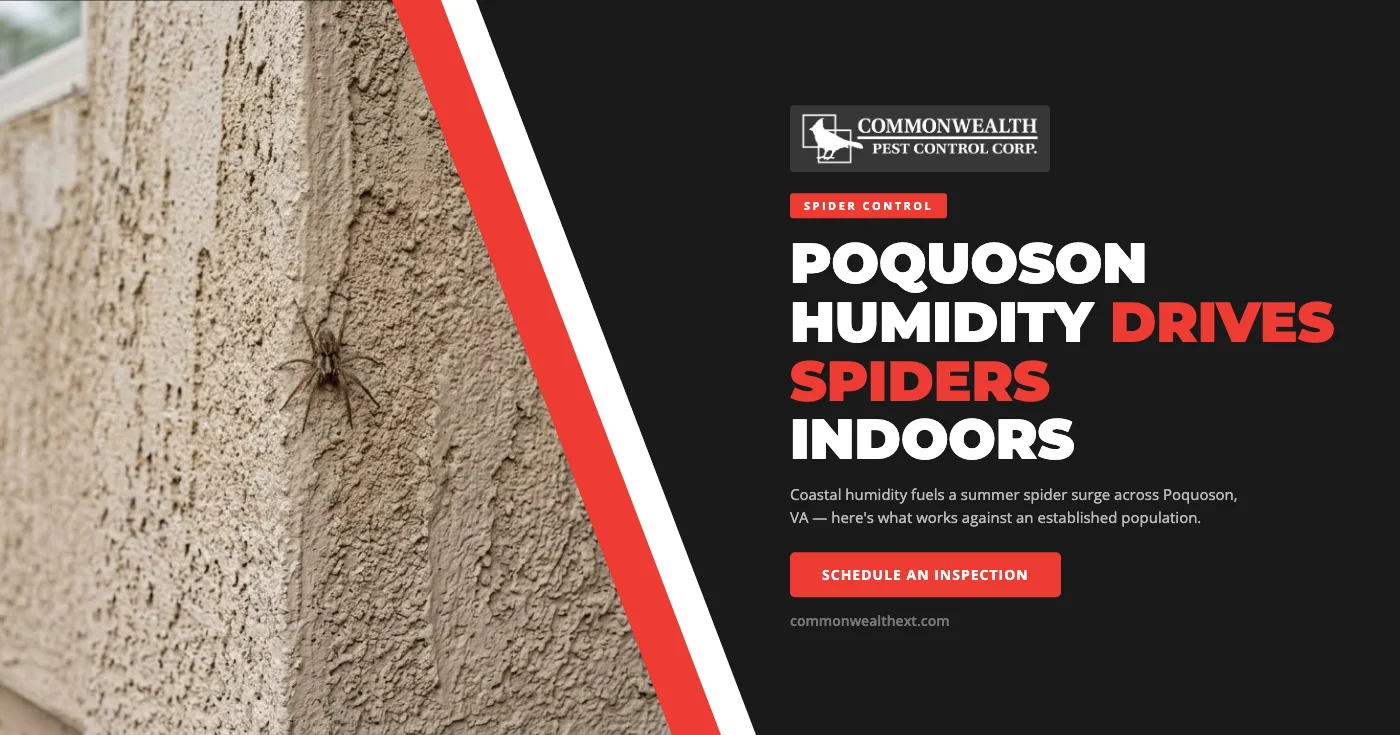 Spider control in Poquoson VA - common house spider, wolf spider, and black widow activity on a coastal Virginia Peninsula home in summer - Commonwealth Exterminators